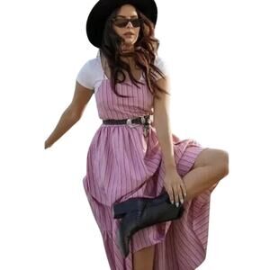 ZARA Pink Striped Ruffle Hem Midi Sundress Crisscross Back Size M